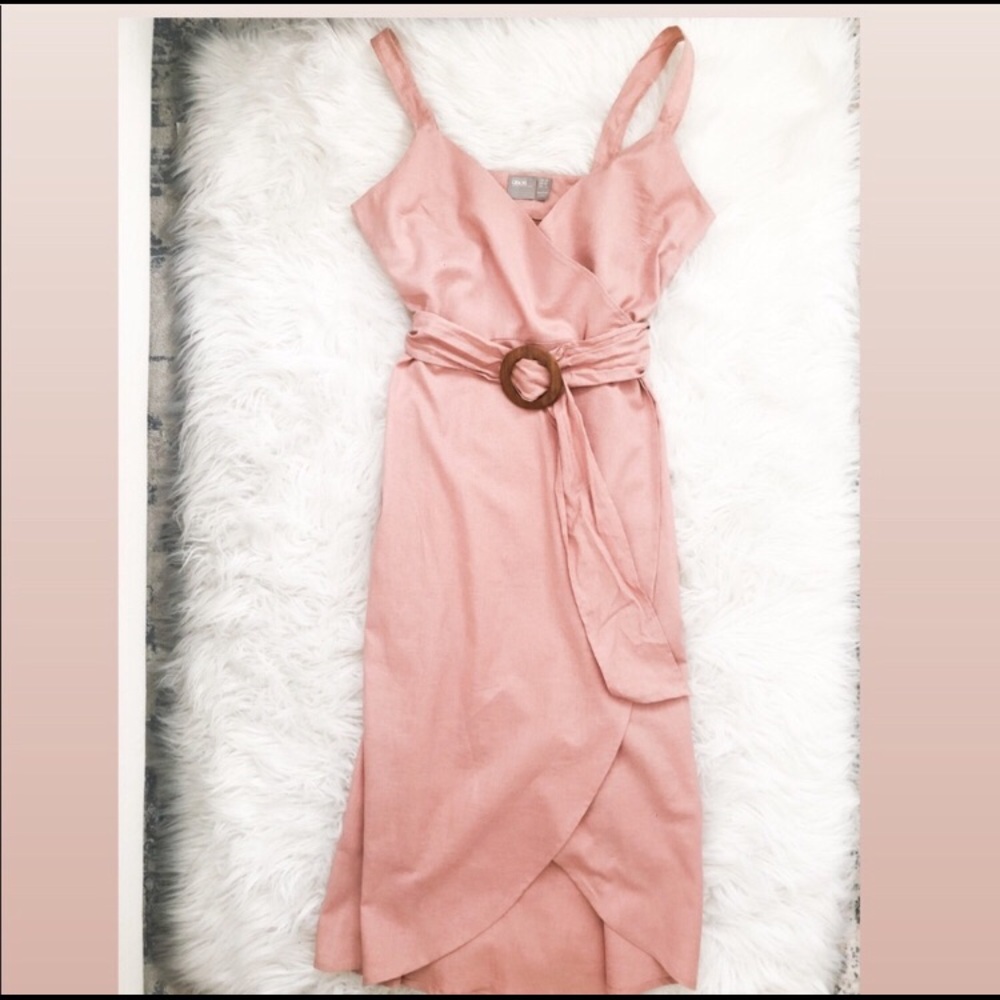 Blush linen wrap midi dress